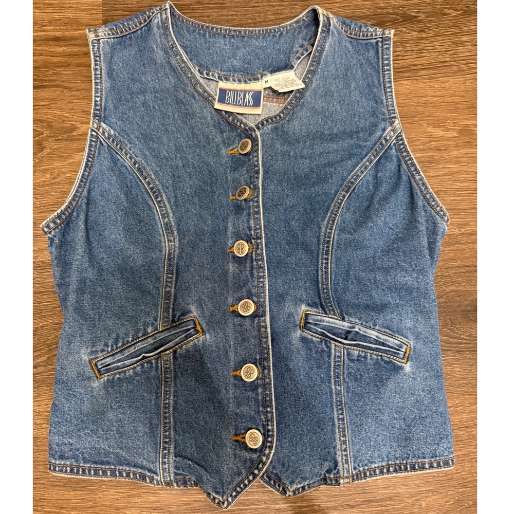Vintage Bill Blass Women's M Collarless Blue Denim Jacket 100% Cotton